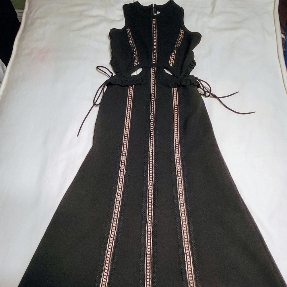 Self Portrait Black Nude Lace Ruffle Midi Fit And Flare Dress Size 4 - Picture 9 of 12